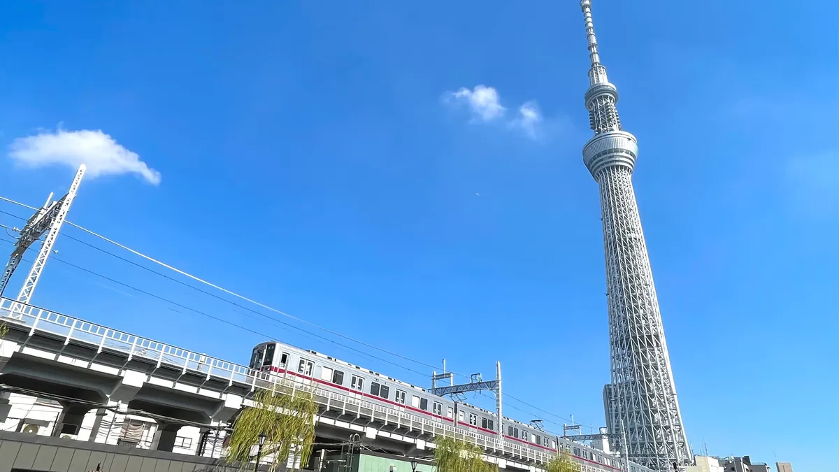 青空にそびえる東京スカイツリーと、高架を走る電車